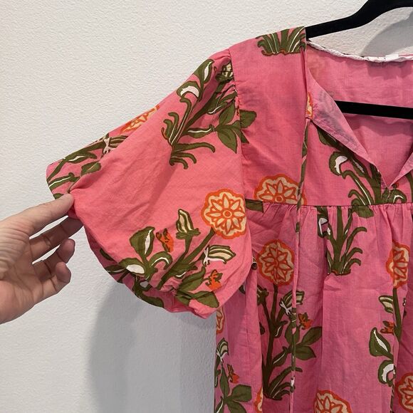 Thml Puff Sleeve Floral Tassel Tie Top Pink Multi XS Tropical Vacation Resort - Picture 5 of 10